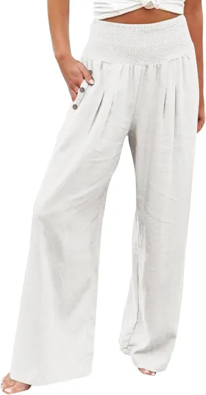 Womens Linen Summer Striped Palazzo Lounge Pants Low Waist Straight Loose Fit Trouser Trendy