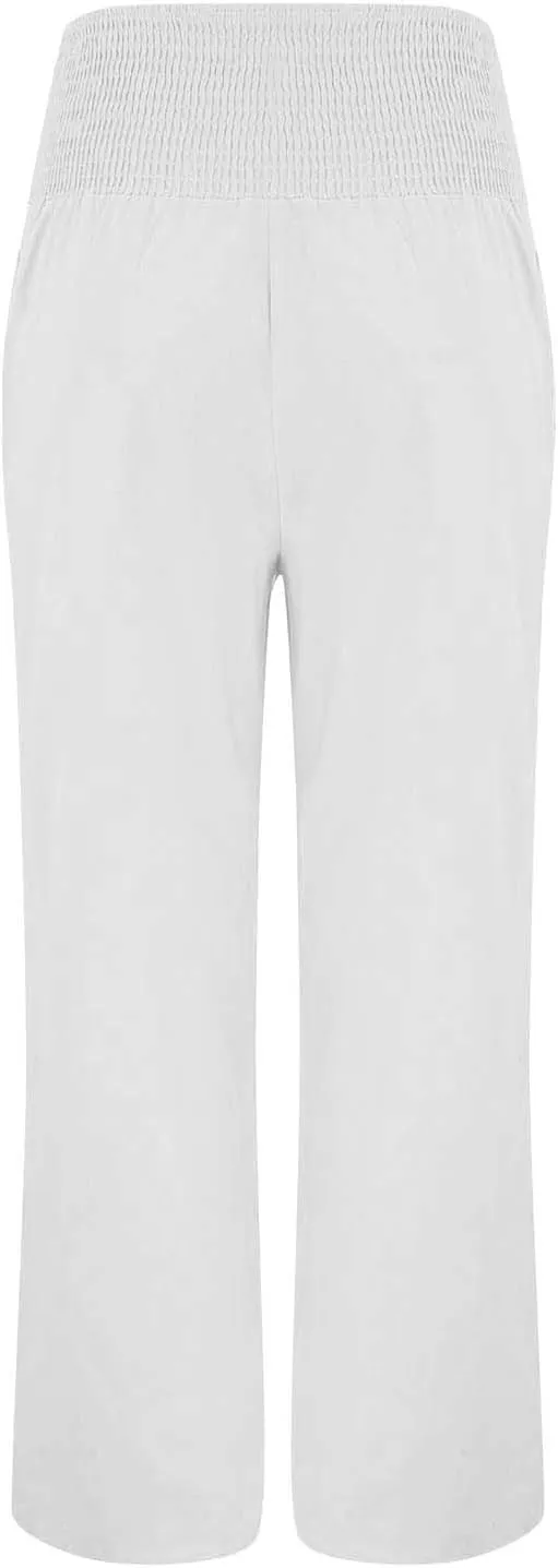 Womens Linen Summer Striped Palazzo Lounge Pants Low Waist Straight Loose Fit Trouser Trendy