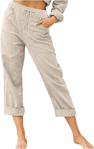 Women's Linen Summer Trendy Palazzo Pants Elastic Waisted Stretchy Loose Fit Palazzo Pants Business Work