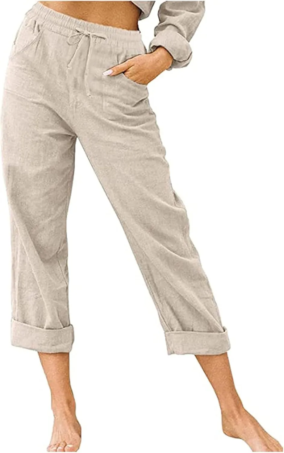 Women's Linen Summer Trendy Palazzo Pants Elastic Waisted Stretchy Loose Fit Palazzo Pants Business Work