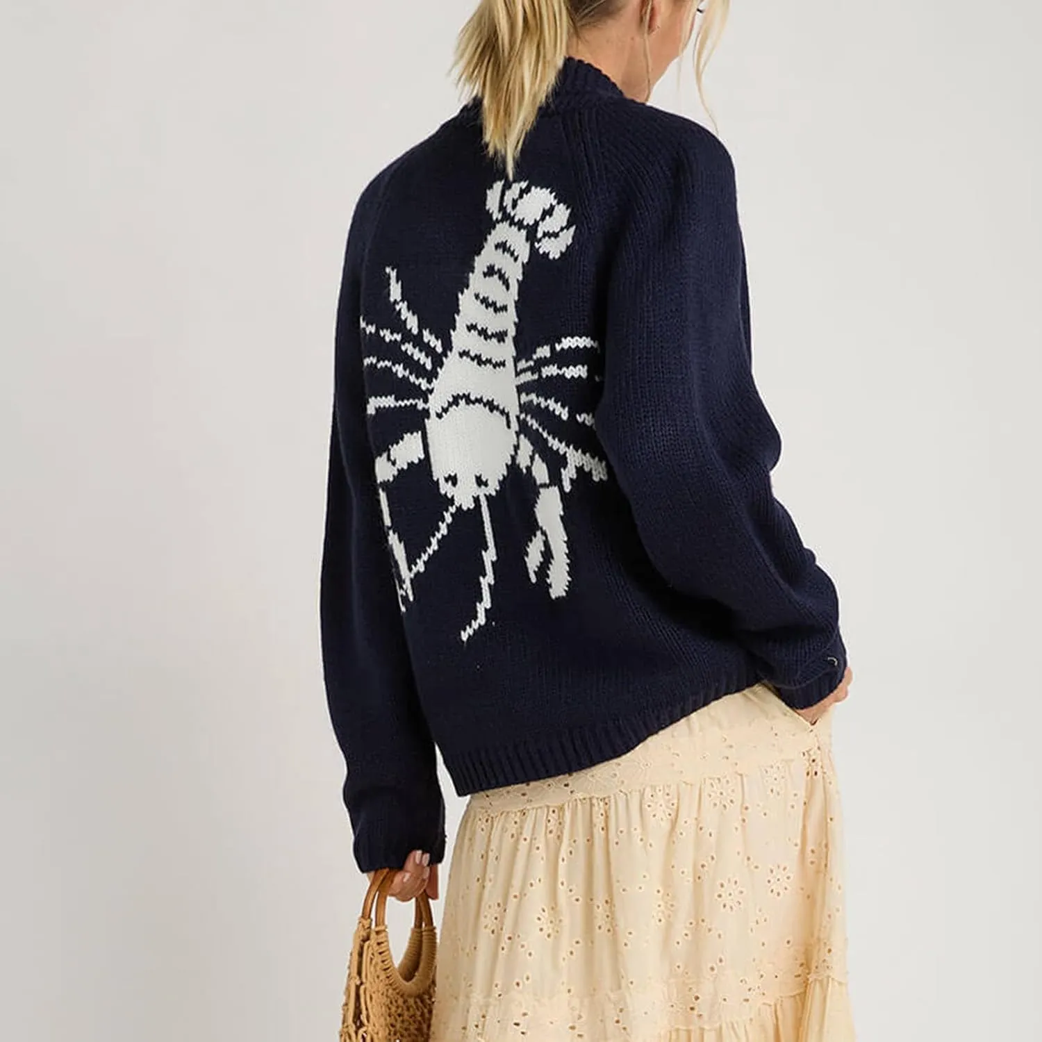 Women's Lobster Knit Sweater Cardigan Long Sleeve Shawl Collar Open Front Vintage Lightweight Knitwear Tops