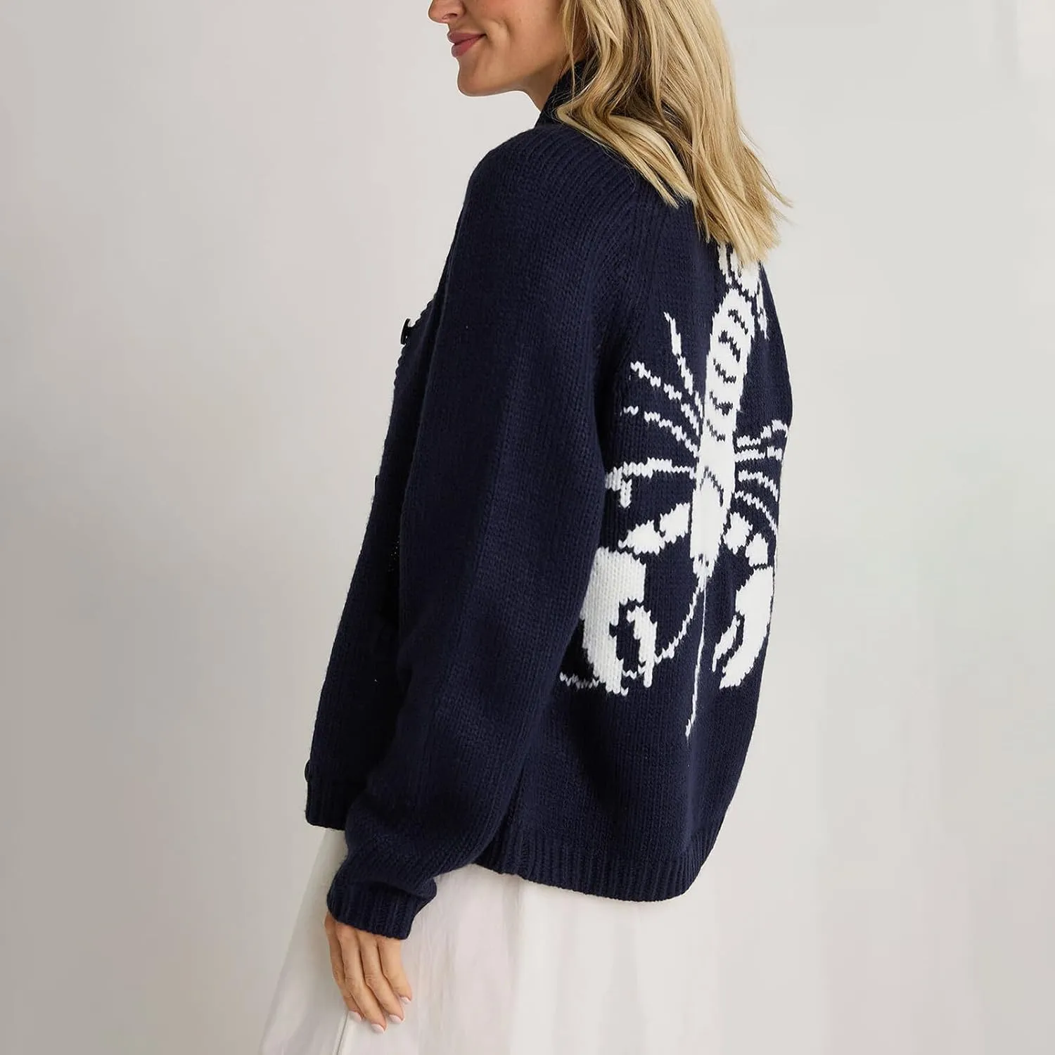 Women's Lobster Knit Sweater Cardigan Long Sleeve Shawl Collar Open Front Vintage Lightweight Knitwear Tops