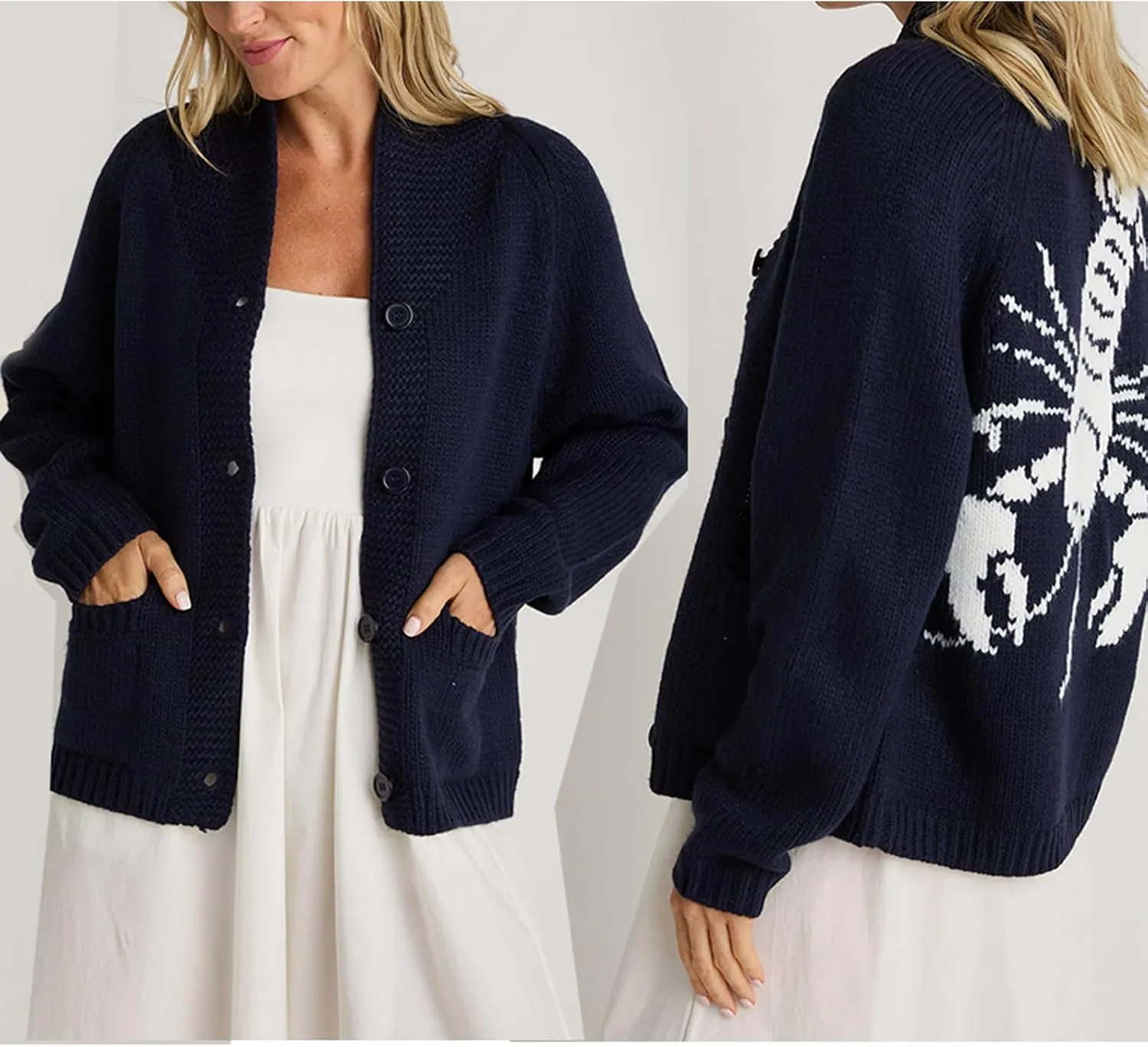 Women's Lobster Knit Sweater Cardigan Long Sleeve Shawl Collar Open Front Vintage Lightweight Knitwear Tops