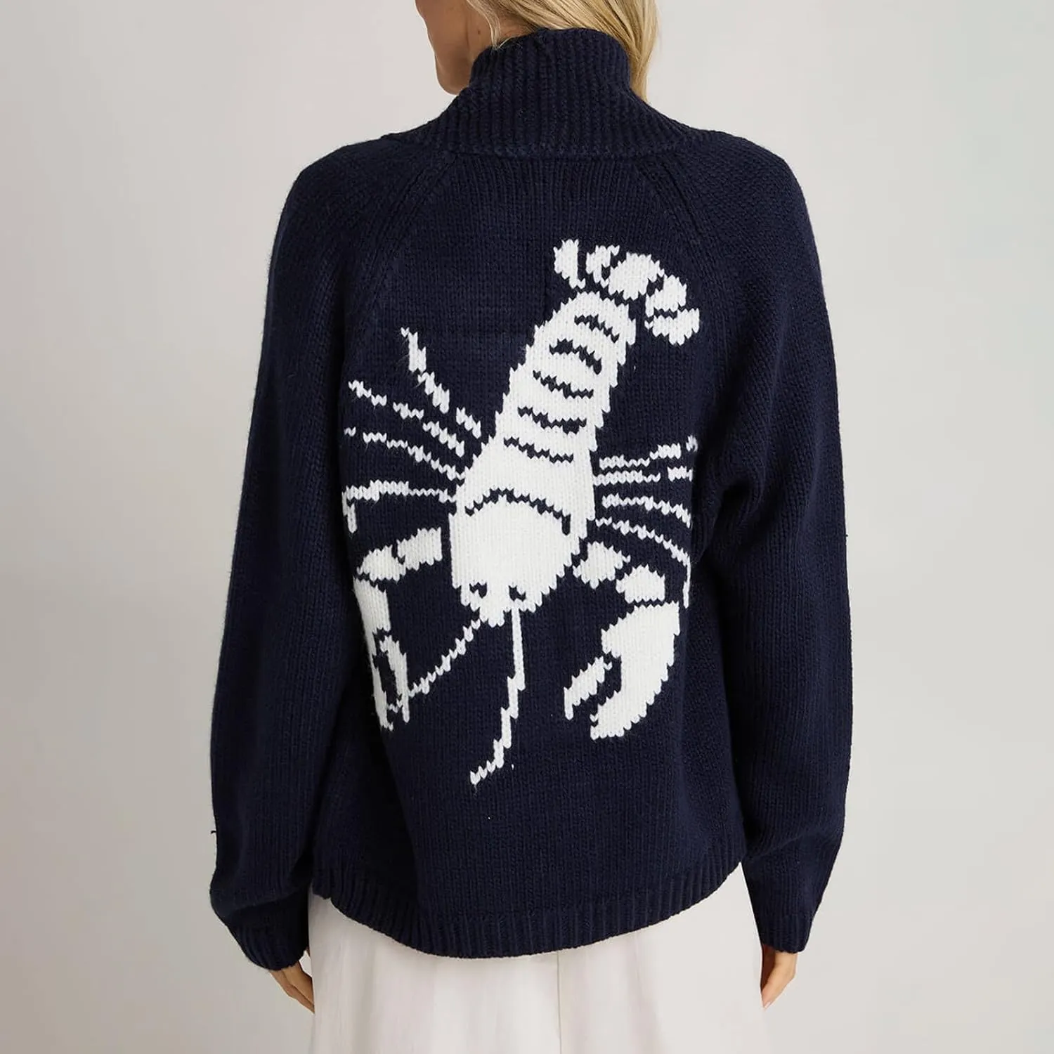 Women's Lobster Knit Sweater Cardigan Long Sleeve Shawl Collar Open Front Vintage Lightweight Knitwear Tops