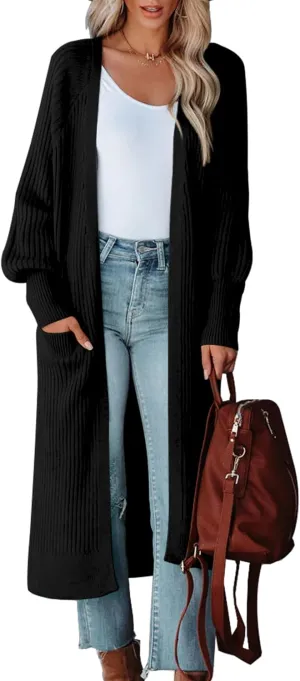 Womens Long Cardigan Sweaters 2025 Open Front Ribbed Knit Maxi Coat Fall Outwear with Pockets