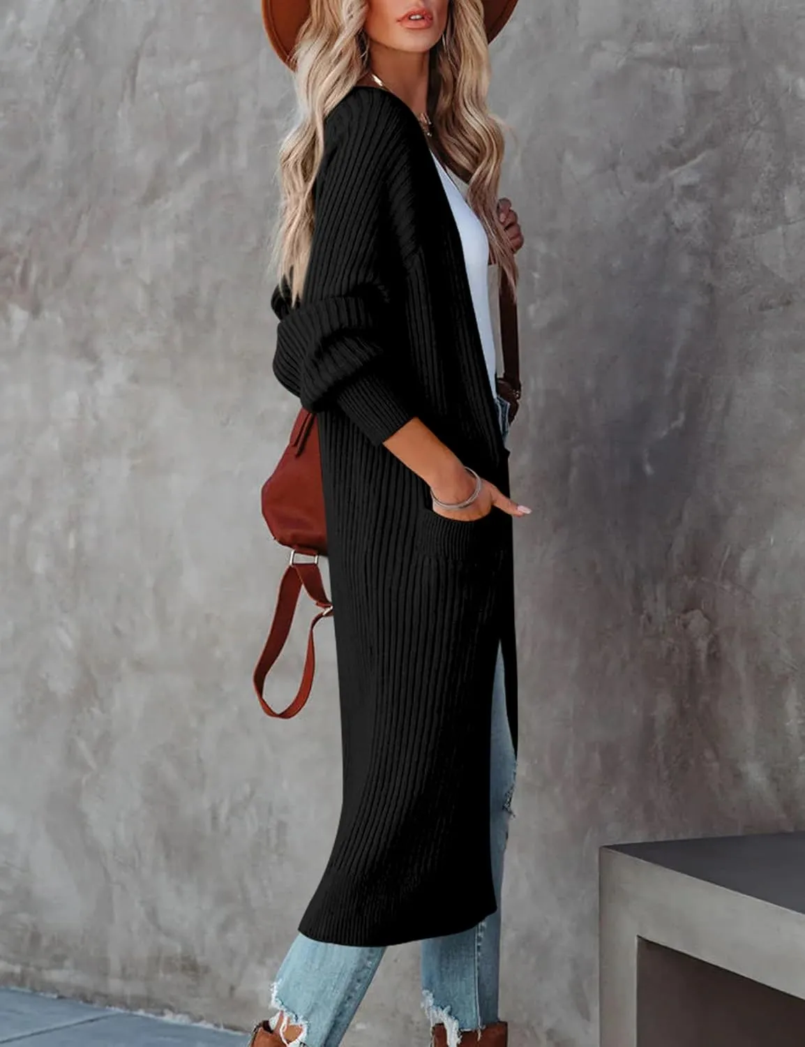 Womens Long Cardigan Sweaters 2025 Open Front Ribbed Knit Maxi Coat Fall Outwear with Pockets
