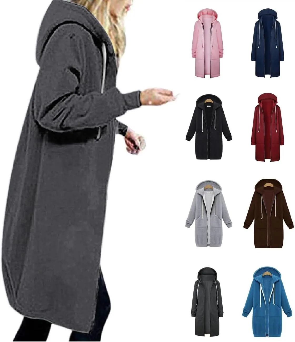 Women's Long Full Zip Hoodies Oversized Y2K Warm Sweatshirts Fleece Jacket Fashion Long Sleeve Clothes Pockets