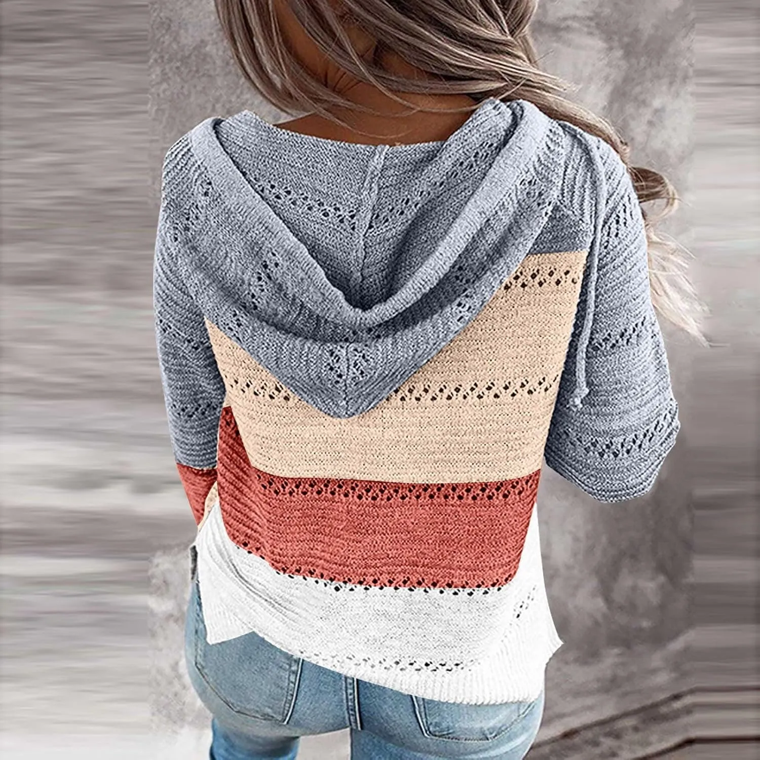 Women's Long Sleeve Knit Sweater Color Block Zip Up Hoodie Drawstring Oversized Sweatshirt Y2k Jacket for Women