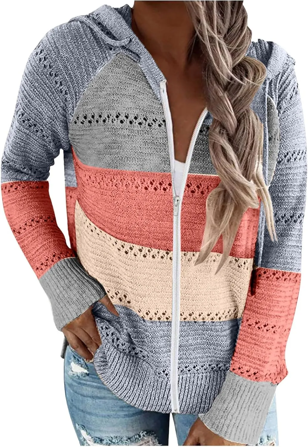 Women's Long Sleeve Knit Sweater Color Block Zip Up Hoodie Drawstring Oversized Sweatshirt Y2k Jacket for Women