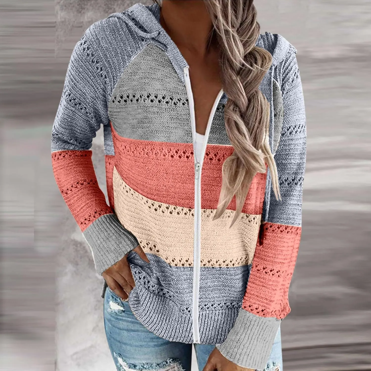 Women's Long Sleeve Knit Sweater Color Block Zip Up Hoodie Drawstring Oversized Sweatshirt Y2k Jacket for Women