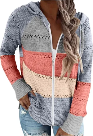 Women's Long Sleeve Knit Sweater Color Block Zip Up Hoodie Drawstring Oversized Sweatshirt Y2k Jacket for Women