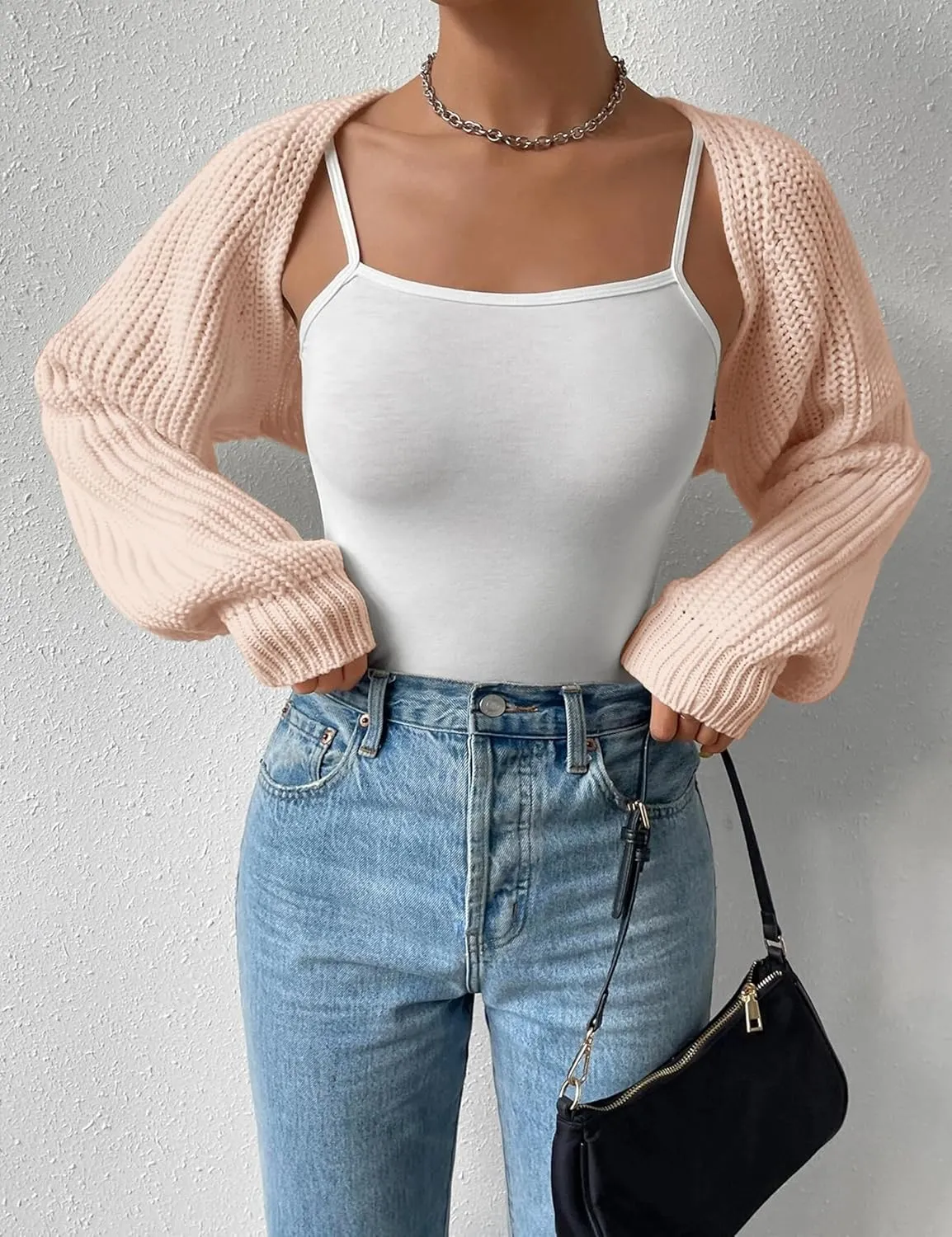 Women's Long Sleeve Open Front Knitted Crop Cardigan Drop Shoulder Knit Bolero Shrug Sweater