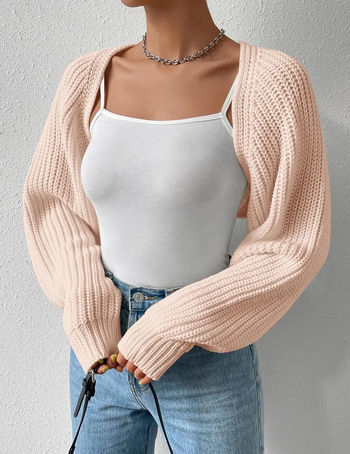 Women's Long Sleeve Open Front Knitted Crop Cardigan Drop Shoulder Knit Bolero Shrug Sweater