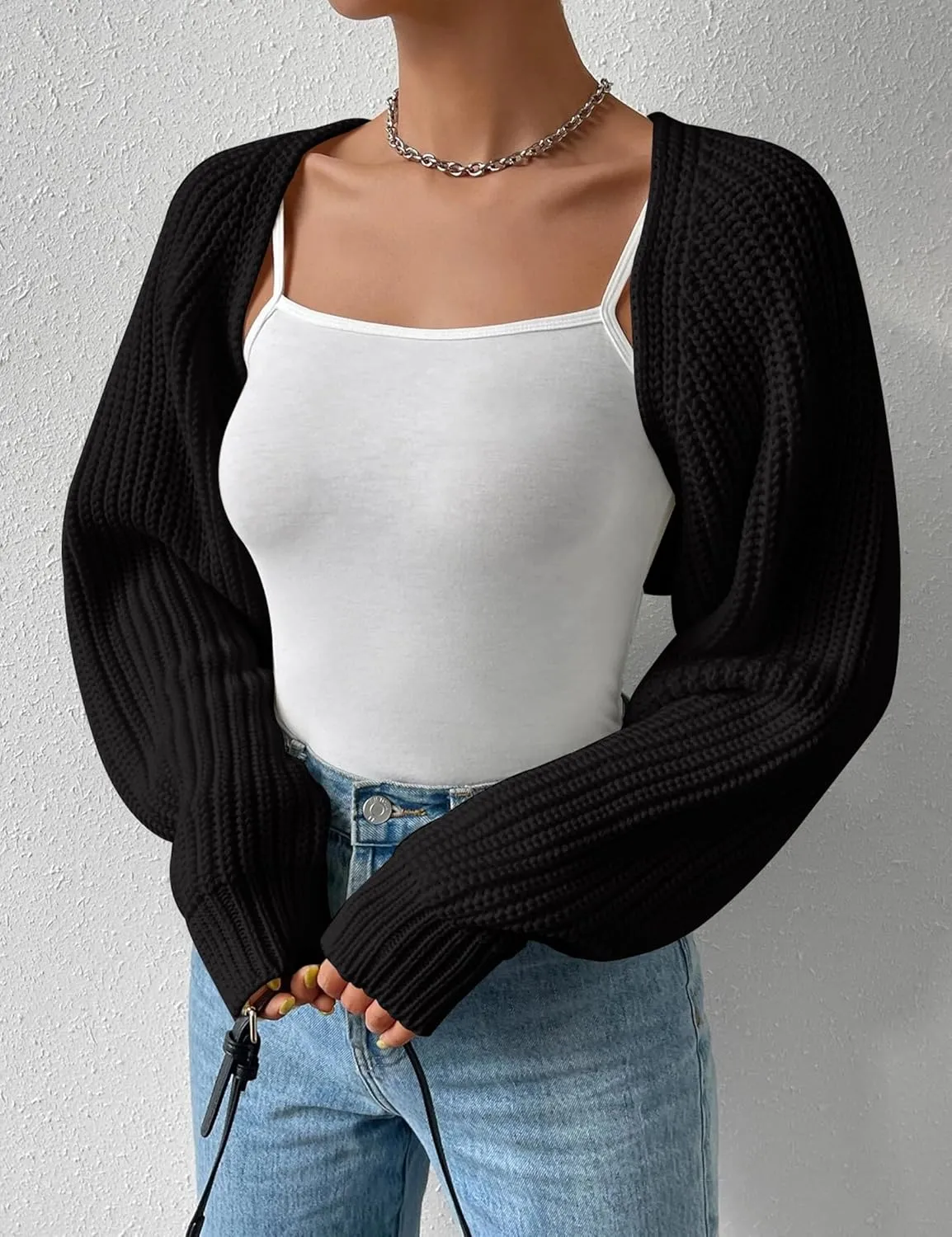 Women's Long Sleeve Open Front Knitted Crop Cardigan Drop Shoulder Knit Bolero Shrug Sweater