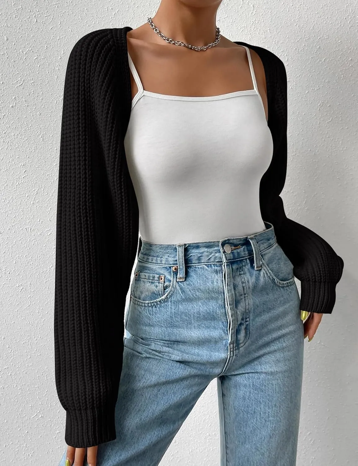 Women's Long Sleeve Open Front Knitted Crop Cardigan Drop Shoulder Knit Bolero Shrug Sweater