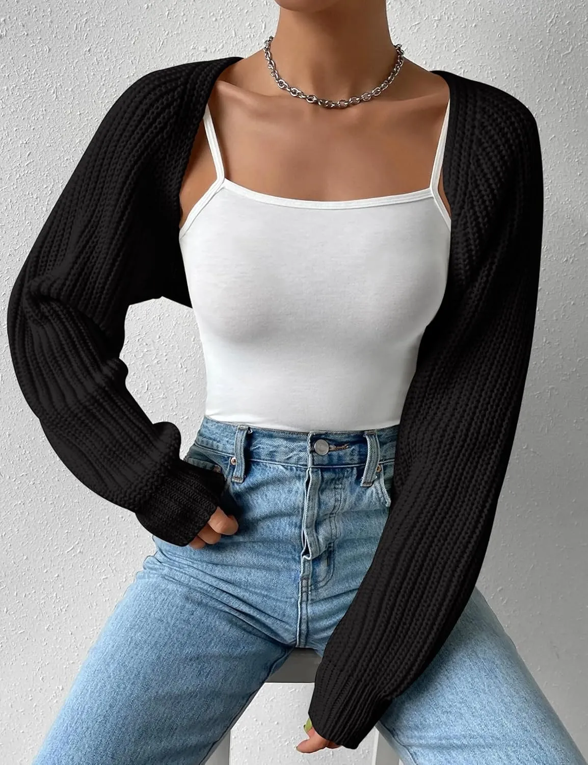 Women's Long Sleeve Open Front Knitted Crop Cardigan Drop Shoulder Knit Bolero Shrug Sweater