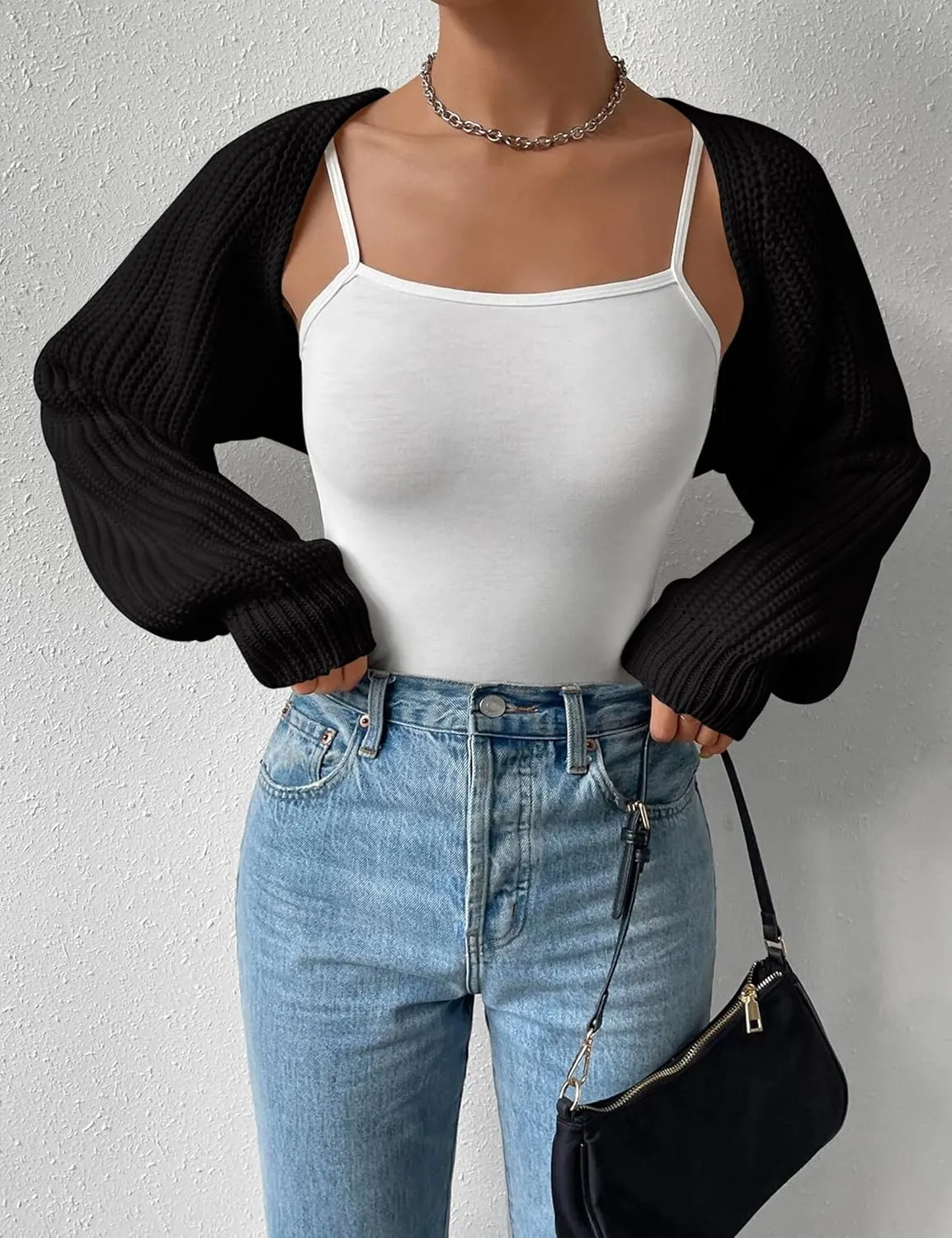 Women's Long Sleeve Open Front Knitted Crop Cardigan Drop Shoulder Knit Bolero Shrug Sweater