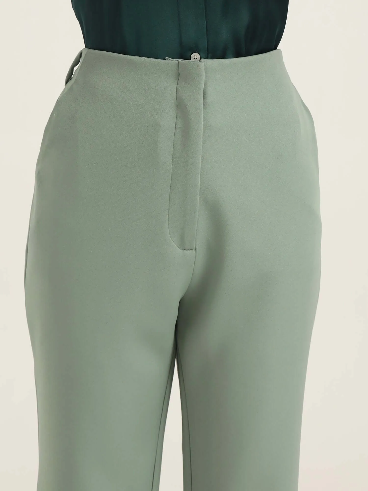 Women'S Luxury Banana Crepe Sage Green Flared Trouser With Slash Pocket