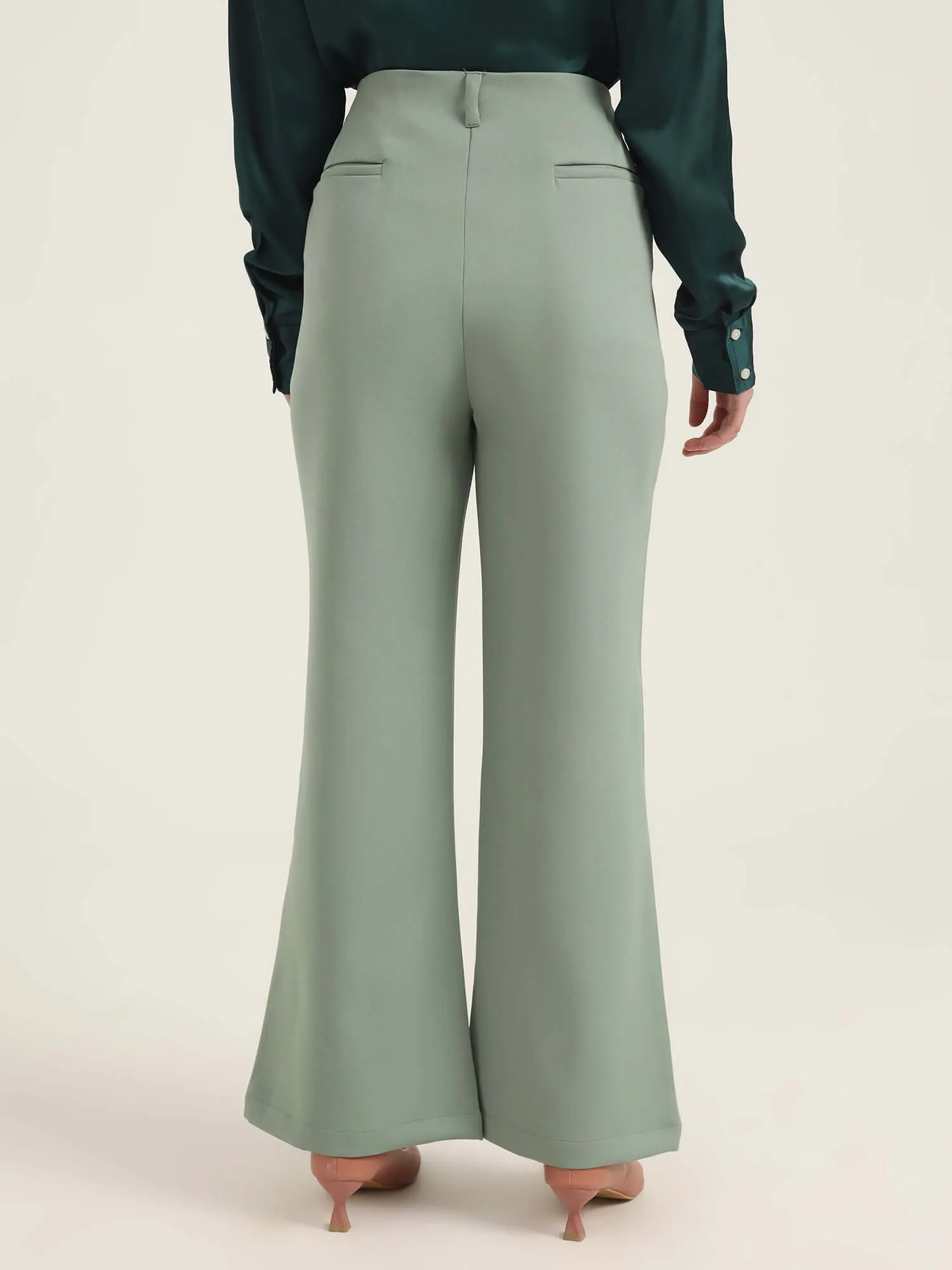 Women'S Luxury Banana Crepe Sage Green Flared Trouser With Slash Pocket
