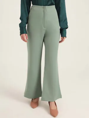 Women'S Luxury Banana Crepe Sage Green Flared Trouser With Slash Pocket