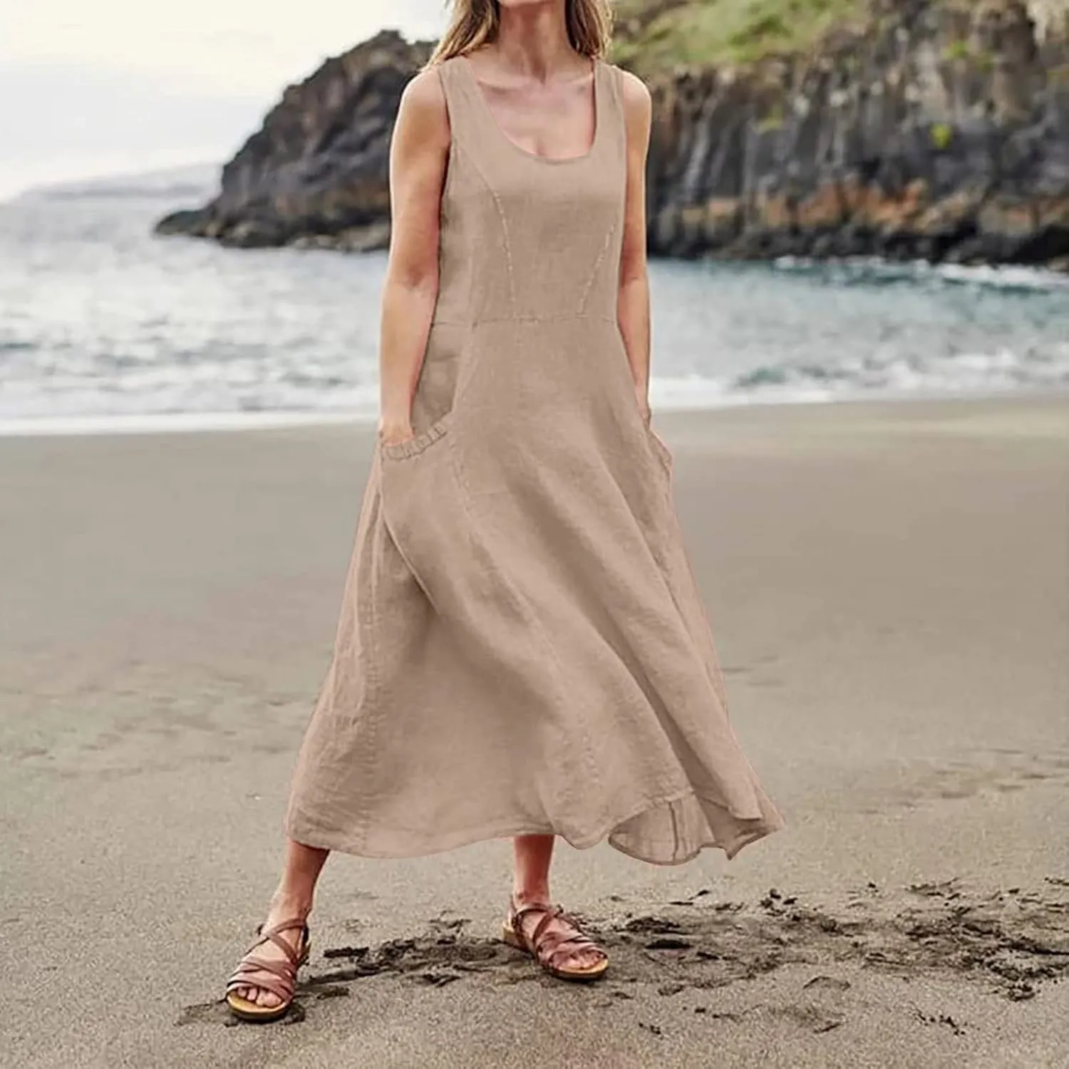 Womens Maxi Linen Dress Sleeveless Plus Size Summer Flowy Beach Dress Vacation Scoop Neck Boho Casual Sundresses