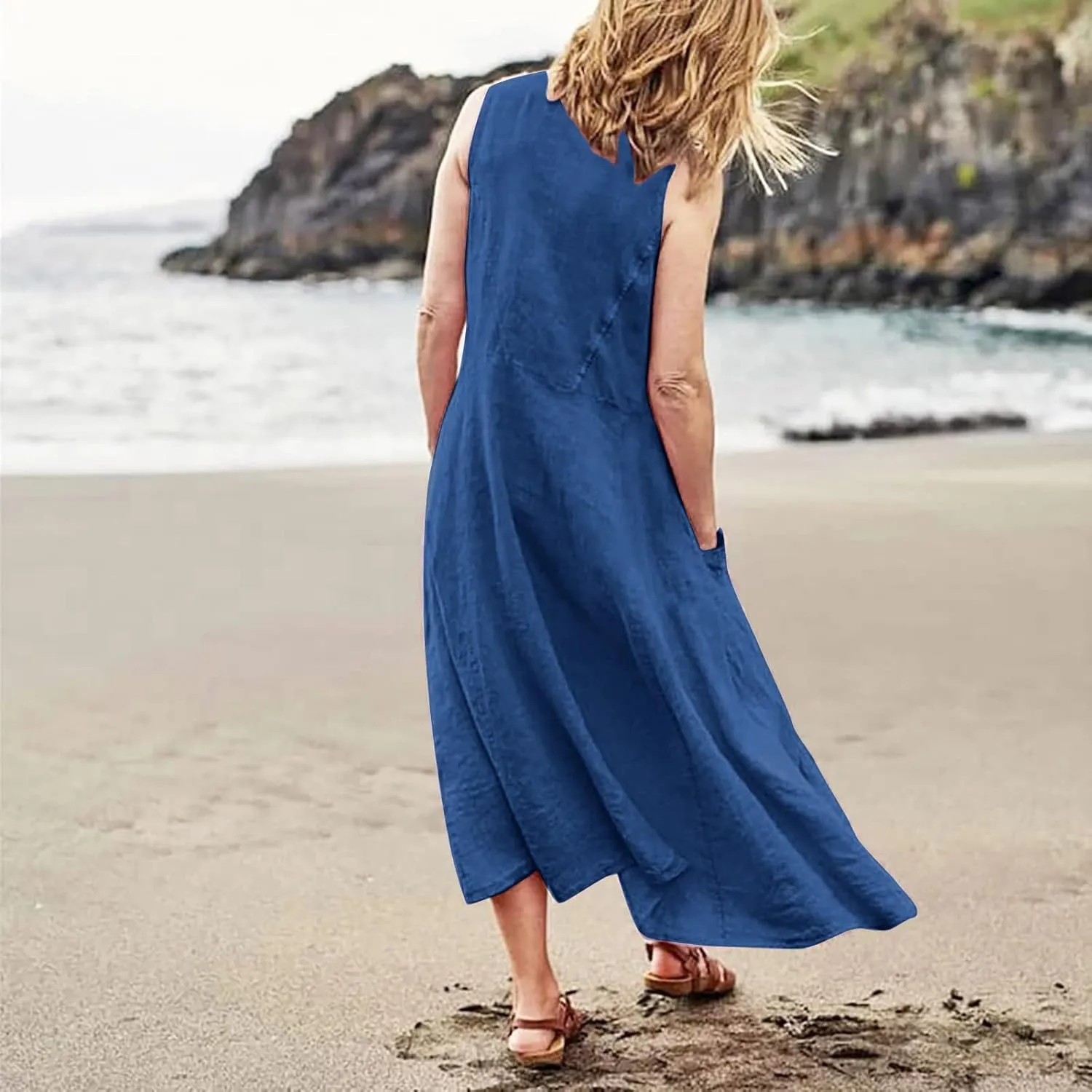 Womens Maxi Linen Dress Sleeveless Plus Size Summer Flowy Beach Dress Vacation Scoop Neck Boho Casual Sundresses