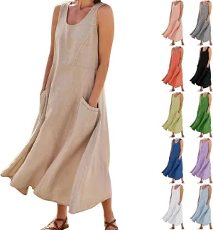 Womens Maxi Linen Dress Sleeveless Plus Size Summer Flowy Beach Dress Vacation Scoop Neck Boho Casual Sundresses