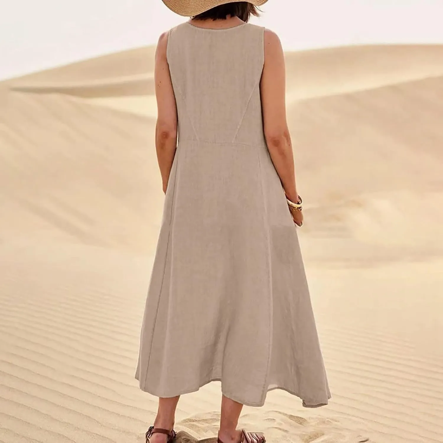 Womens Maxi Linen Dress Sleeveless Plus Size Summer Flowy Beach Dress Vacation Scoop Neck Boho Casual Sundresses