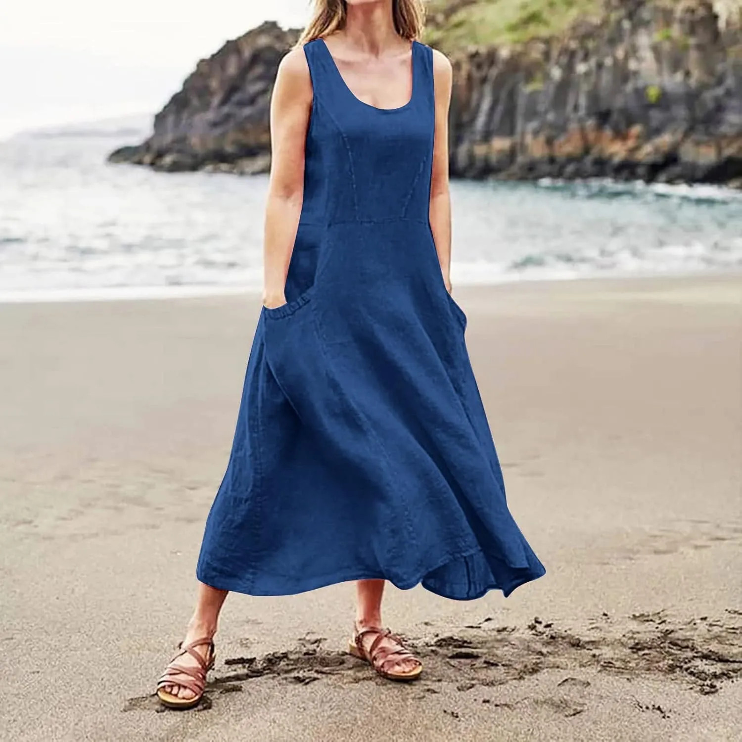 Womens Maxi Linen Dress Sleeveless Plus Size Summer Flowy Beach Dress Vacation Scoop Neck Boho Casual Sundresses