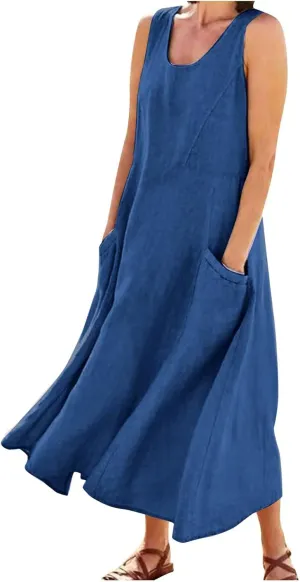 Womens Maxi Linen Dress Sleeveless Plus Size Summer Flowy Beach Dress Vacation Scoop Neck Boho Casual Sundresses