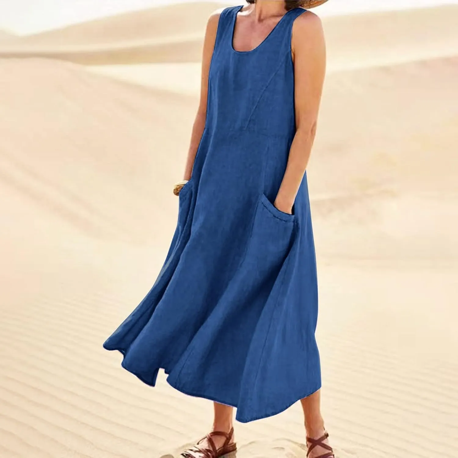Womens Maxi Linen Dress Sleeveless Plus Size Summer Flowy Beach Dress Vacation Scoop Neck Boho Casual Sundresses