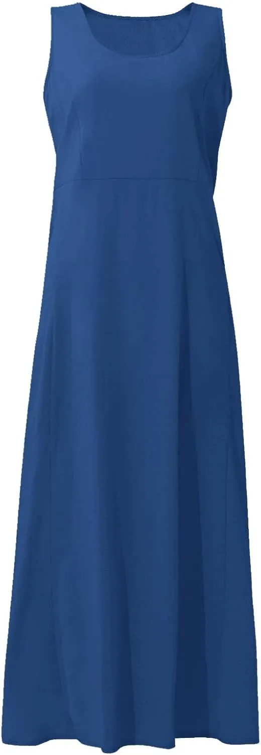 Womens Maxi Linen Dress Sleeveless Plus Size Summer Flowy Beach Dress Vacation Scoop Neck Boho Casual Sundresses