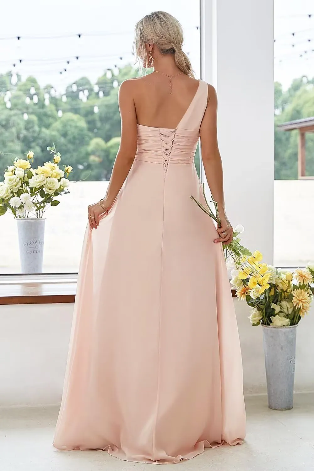 Women's One Shoulder Chiffon Bridesmaid Dresses Long A-Line Pleated Formal Party Dress with Slit