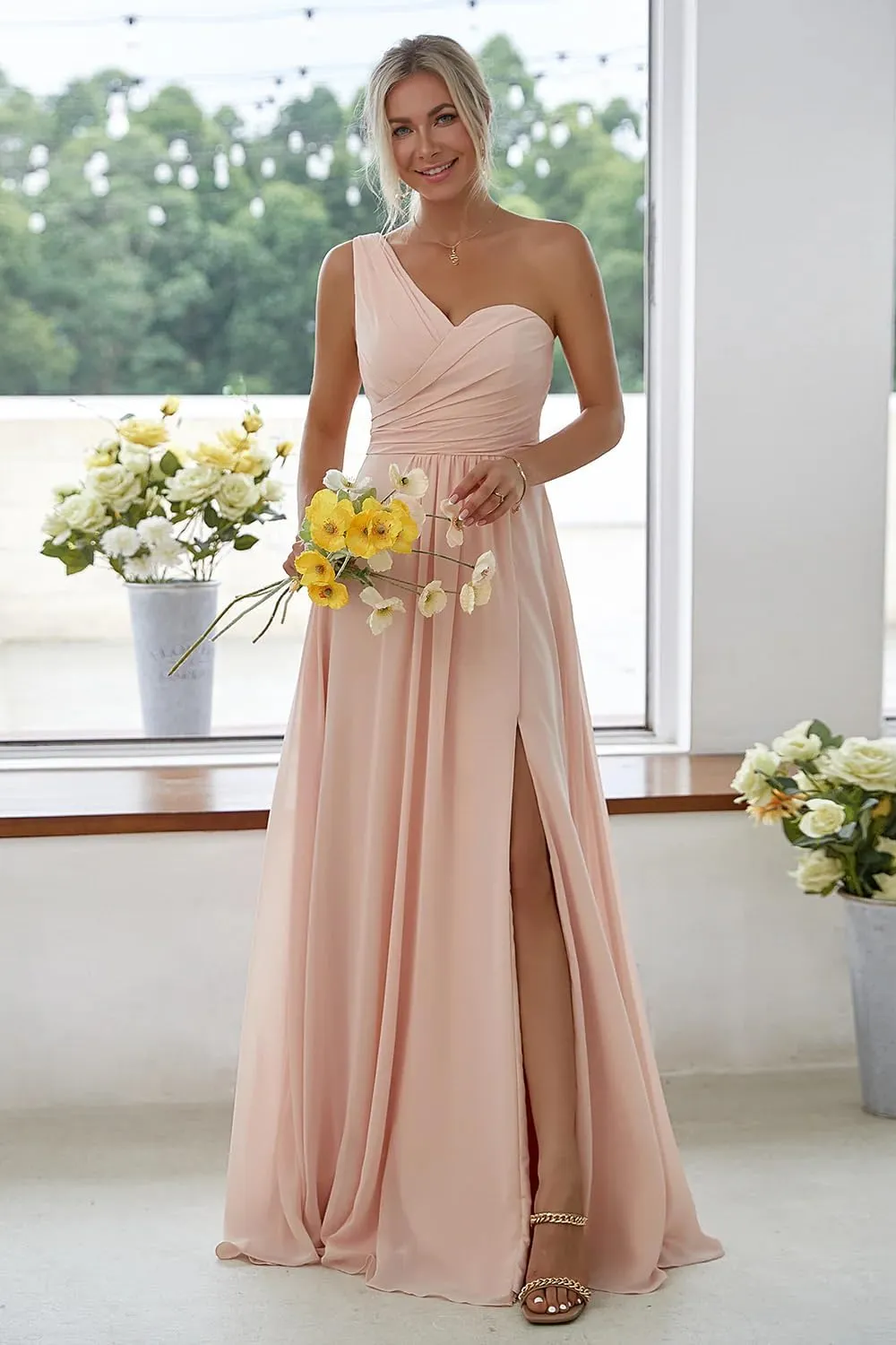 Women's One Shoulder Chiffon Bridesmaid Dresses Long A-Line Pleated Formal Party Dress with Slit