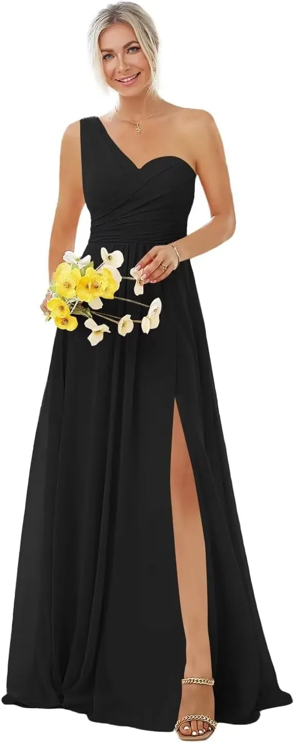 Women's One Shoulder Chiffon Bridesmaid Dresses Long A-Line Pleated Formal Party Dress with Slit