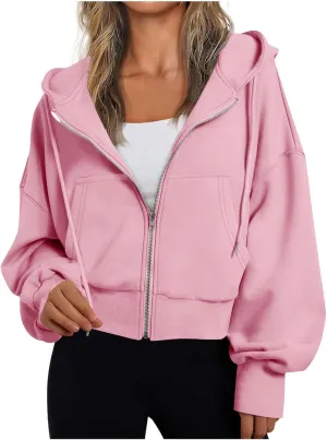 Womens Oversized Full Zip Up Hoodie with Pockets Petite Length Fleece Coats Y2K Casual Loose Fit Apparel Clothes