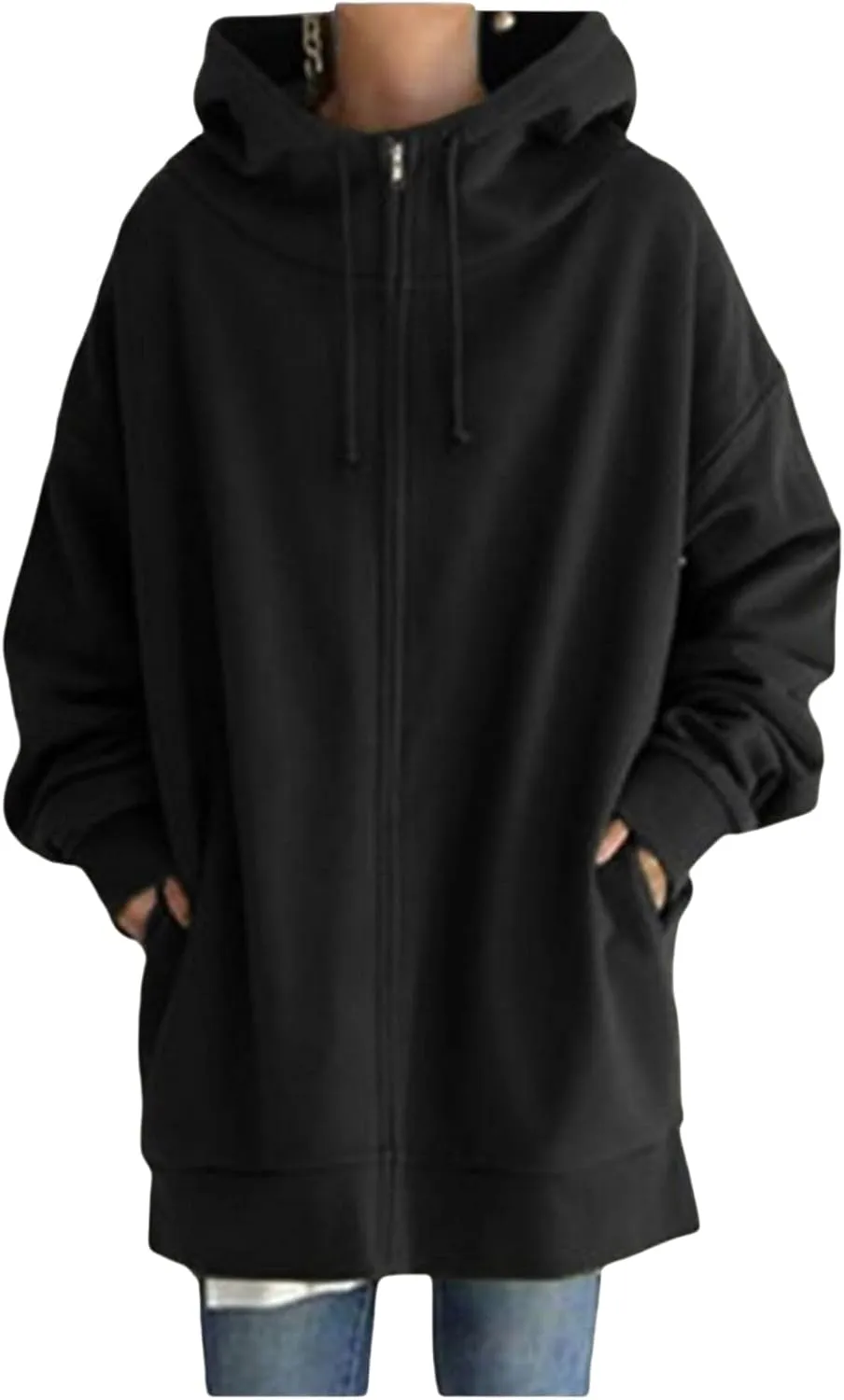 Womens Oversized Long Hoodies Zip Up Jacket Cowl Neck Long Sleeve Sweatshirt Fleece Loose Fit Fall Clothes