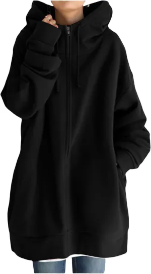 Womens Oversized Long Hoodies Zip Up Jacket Cowl Neck Long Sleeve Sweatshirt Fleece Loose Fit Fall Clothes