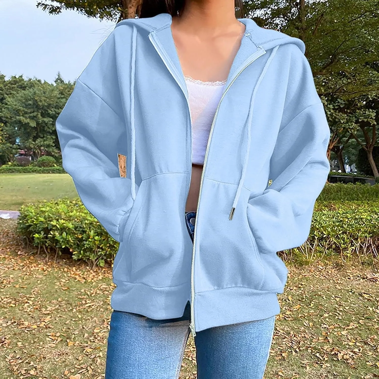 Womens Oversized Zip Up Hoodie Trendy Drawstring Long Sleeve Fall Jackets Casual Teen Girls Y2k Hooded Sweatshirts