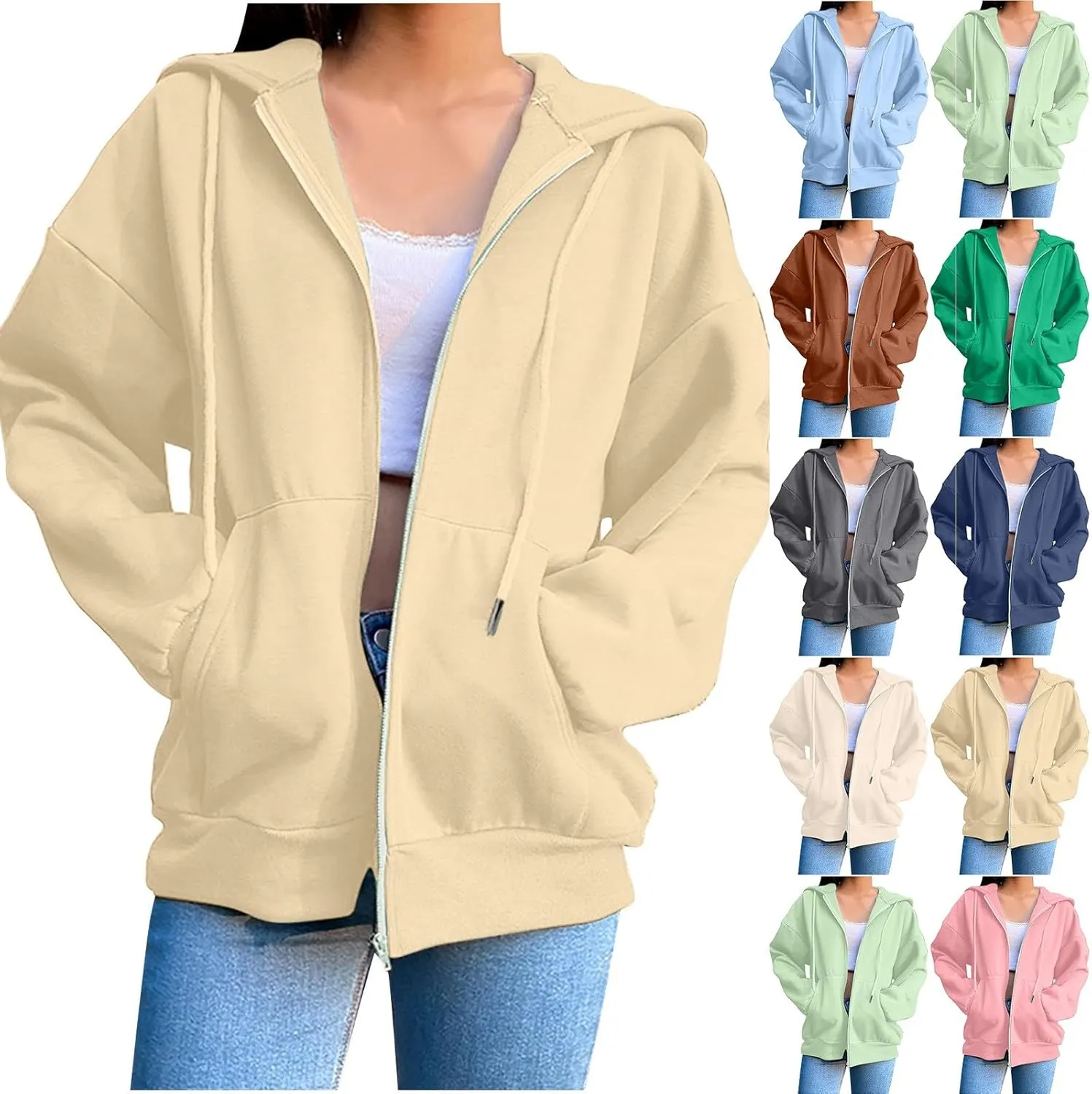 Womens Oversized Zip Up Hoodie Trendy Drawstring Long Sleeve Fall Jackets Casual Teen Girls Y2k Hooded Sweatshirts