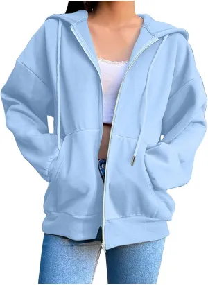 Womens Oversized Zip Up Hoodie Trendy Drawstring Long Sleeve Fall Jackets Casual Teen Girls Y2k Hooded Sweatshirts