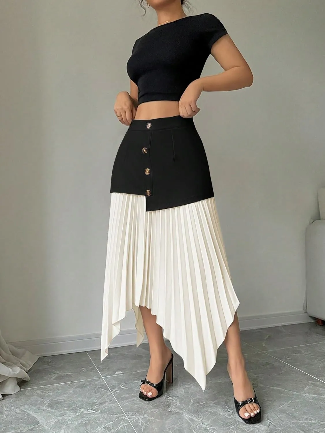 Womens Pleated Asymmetric Hem Elegant Midi Skirt Colorblock Knee Length Skirts For Women