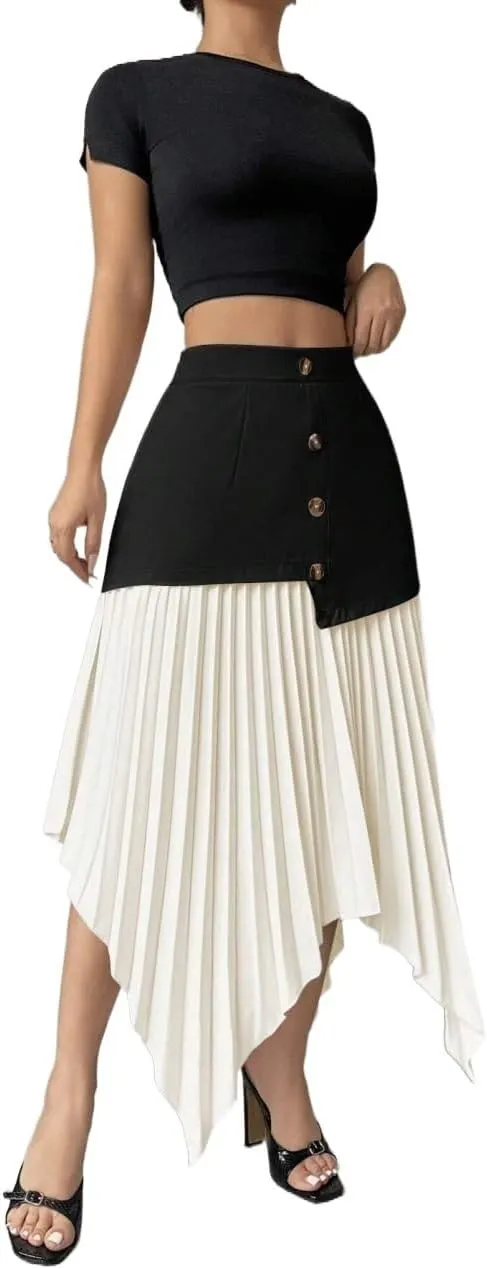 Womens Pleated Asymmetric Hem Elegant Midi Skirt Colorblock Knee Length Skirts For Women