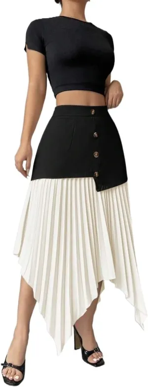 Womens Pleated Asymmetric Hem Elegant Midi Skirt Colorblock Knee Length Skirts For Women