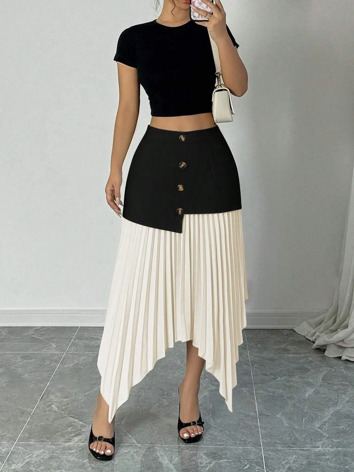 Womens Pleated Asymmetric Hem Elegant Midi Skirt Colorblock Knee Length Skirts For Women