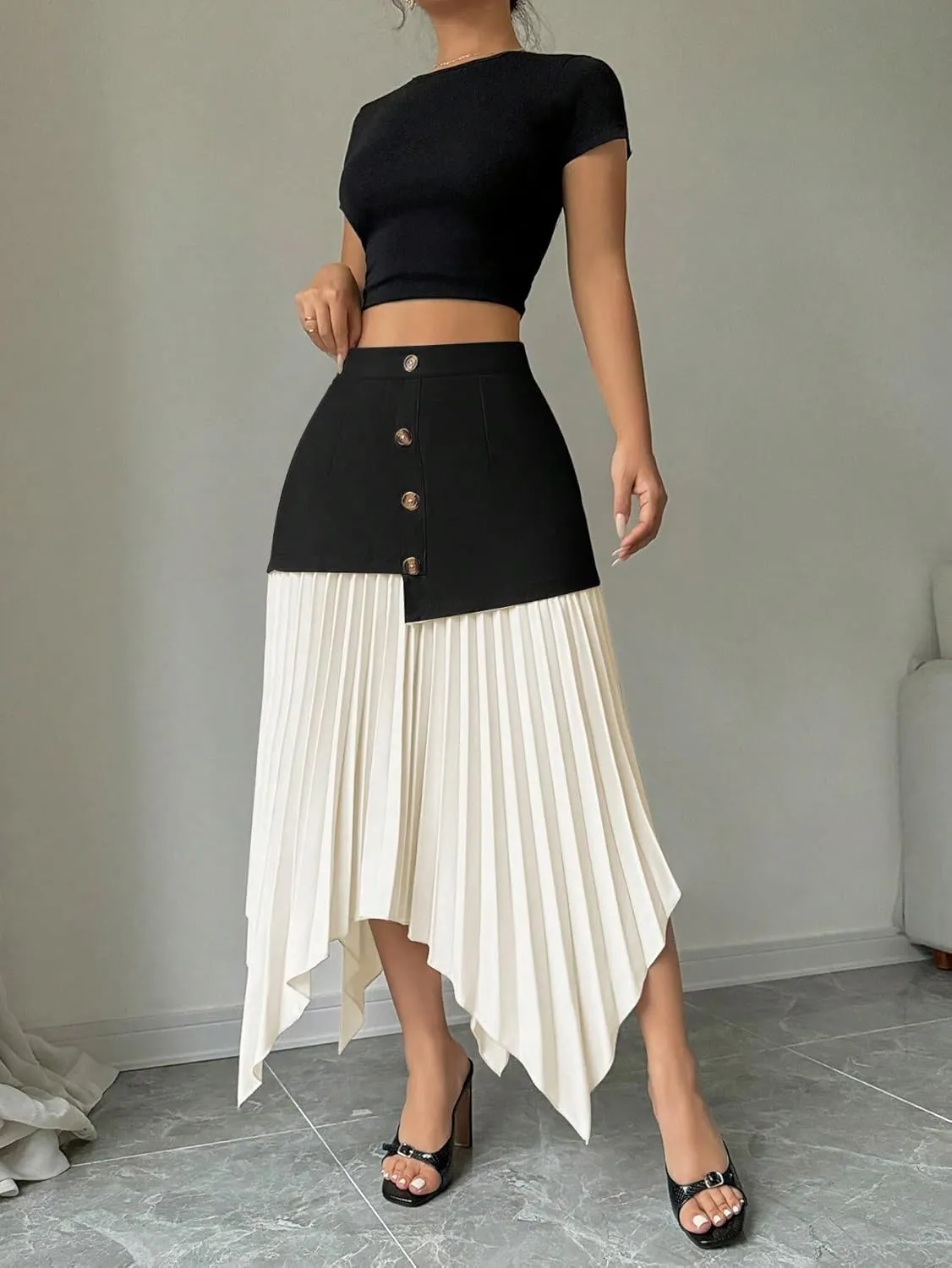 Womens Pleated Asymmetric Hem Elegant Midi Skirt Colorblock Knee Length Skirts For Women