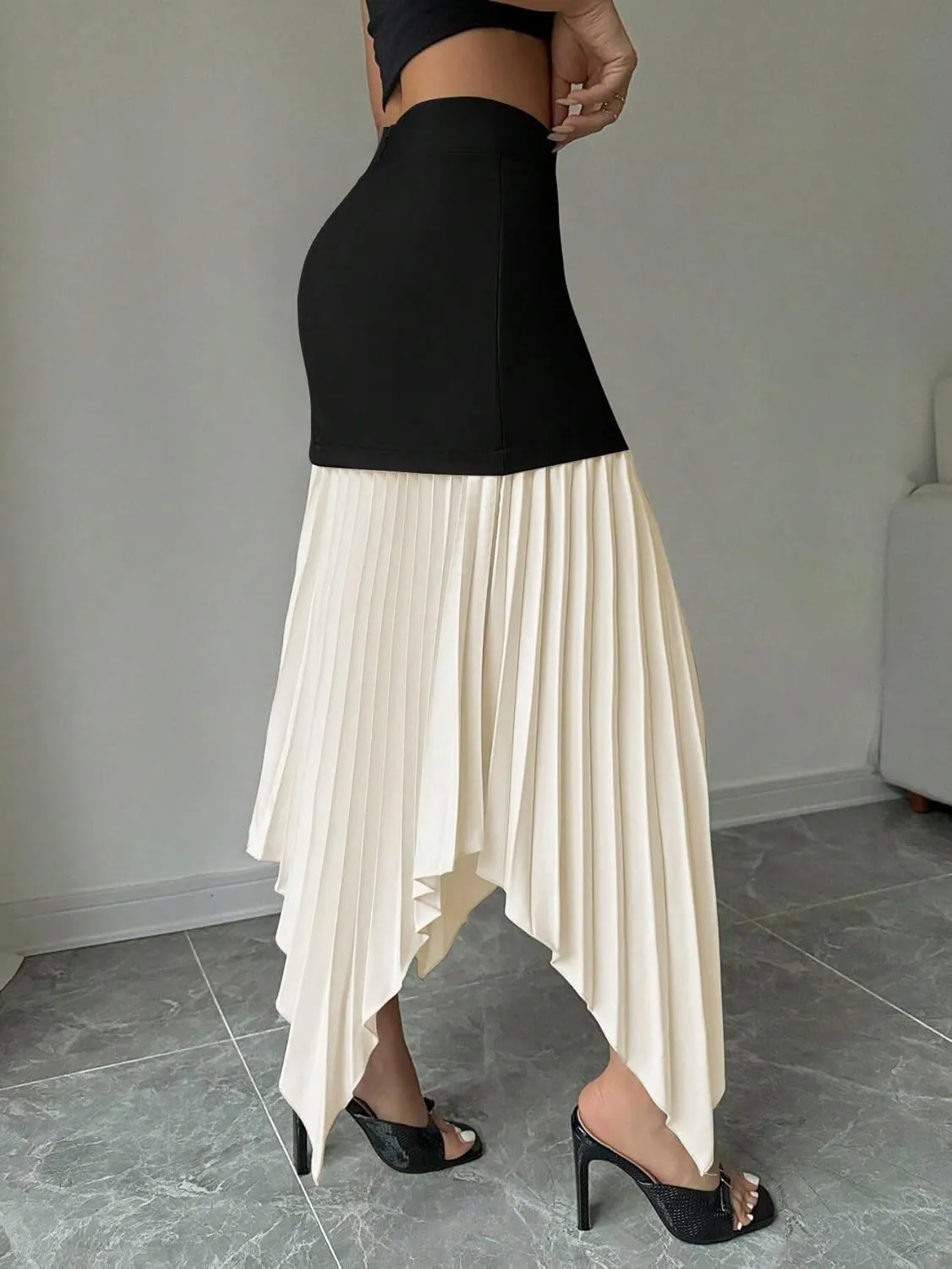 Womens Pleated Asymmetric Hem Elegant Midi Skirt Colorblock Knee Length Skirts For Women