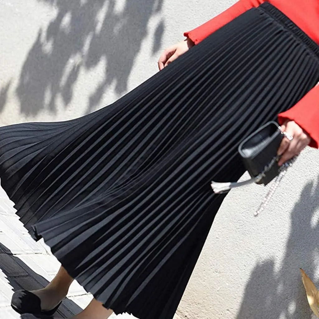 Women's Pleated Midi Skirt Womens Elastic Waist Solid Elegant Skirt Womens Plaid Skirts for Women Midi Skirts