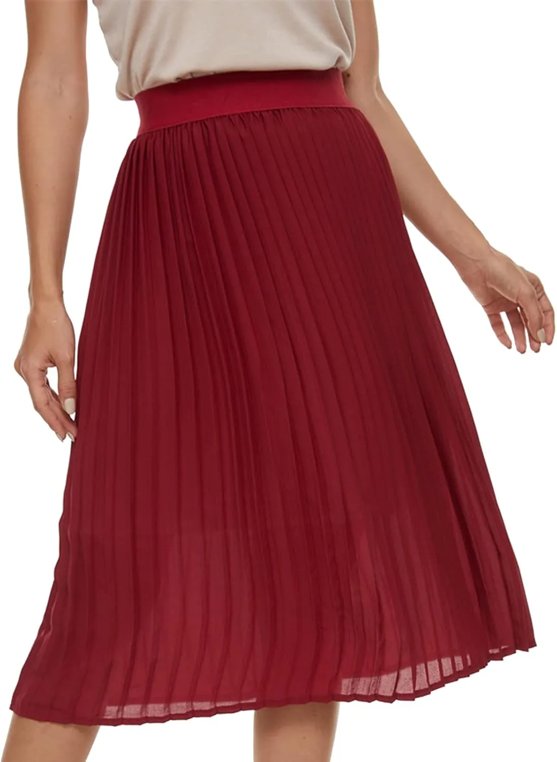 Womens Pleated Midi Skirt,High Waist Swing Boho Pleated Skirt Casual Chiffon Elastic A-line Long Skirts