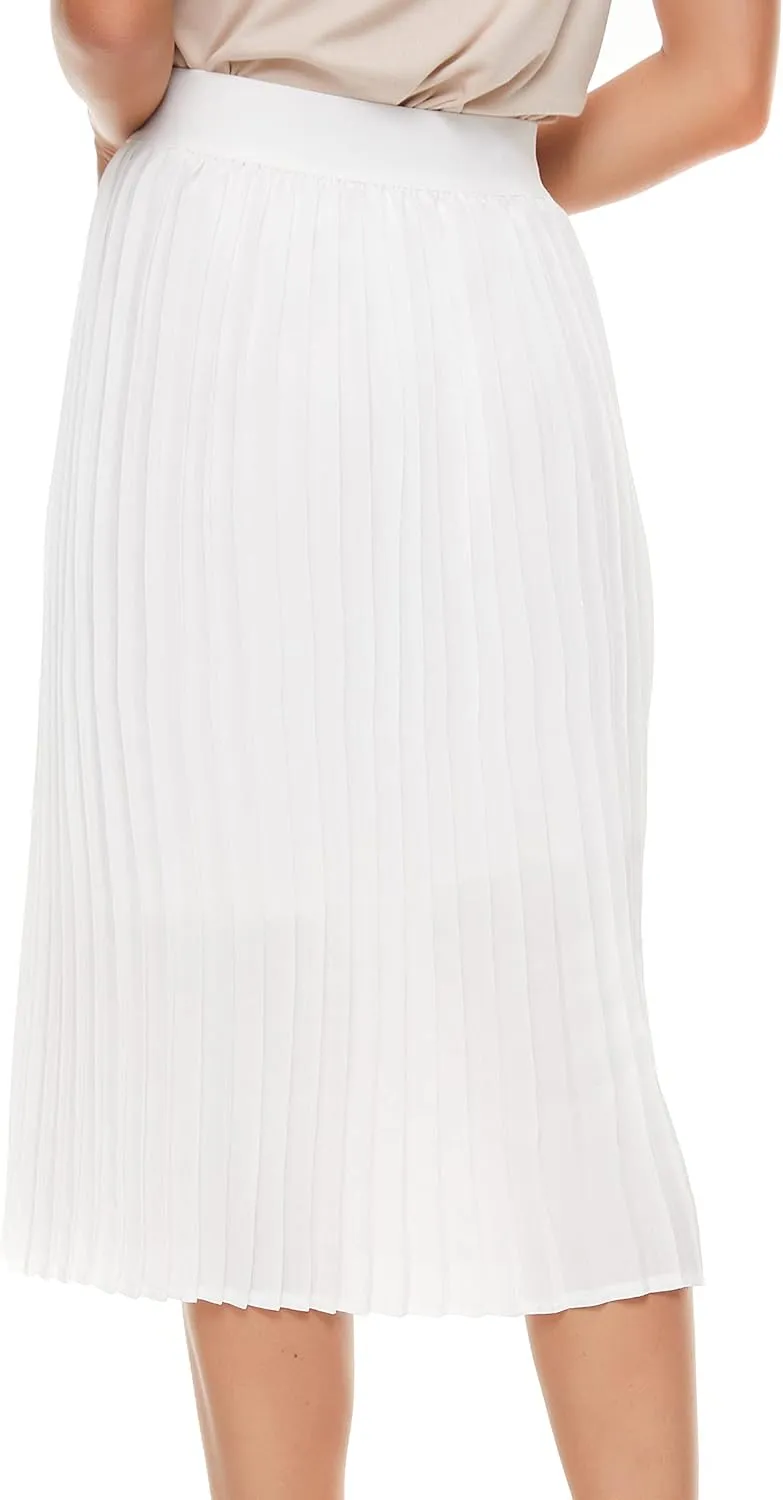 Womens Pleated Midi Skirt,High Waist Swing Boho Pleated Skirt Casual Chiffon Elastic A-line Long Skirts